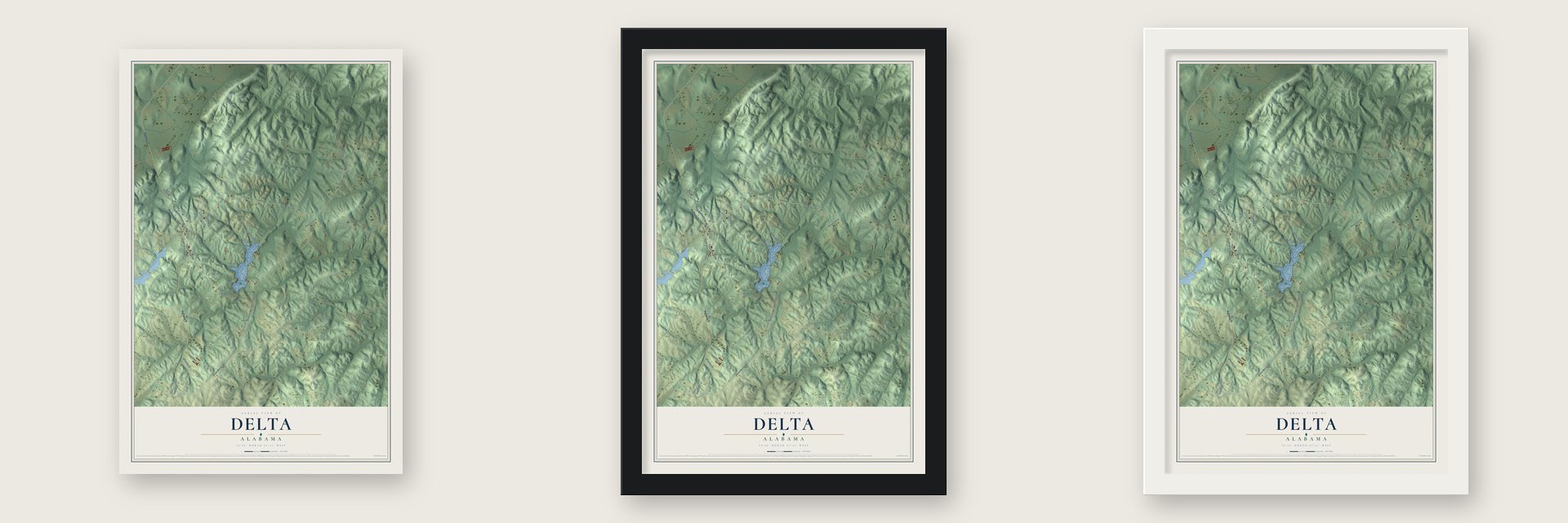 Delta, Alabama map unframed, in a black wood frame and in a white wood frame