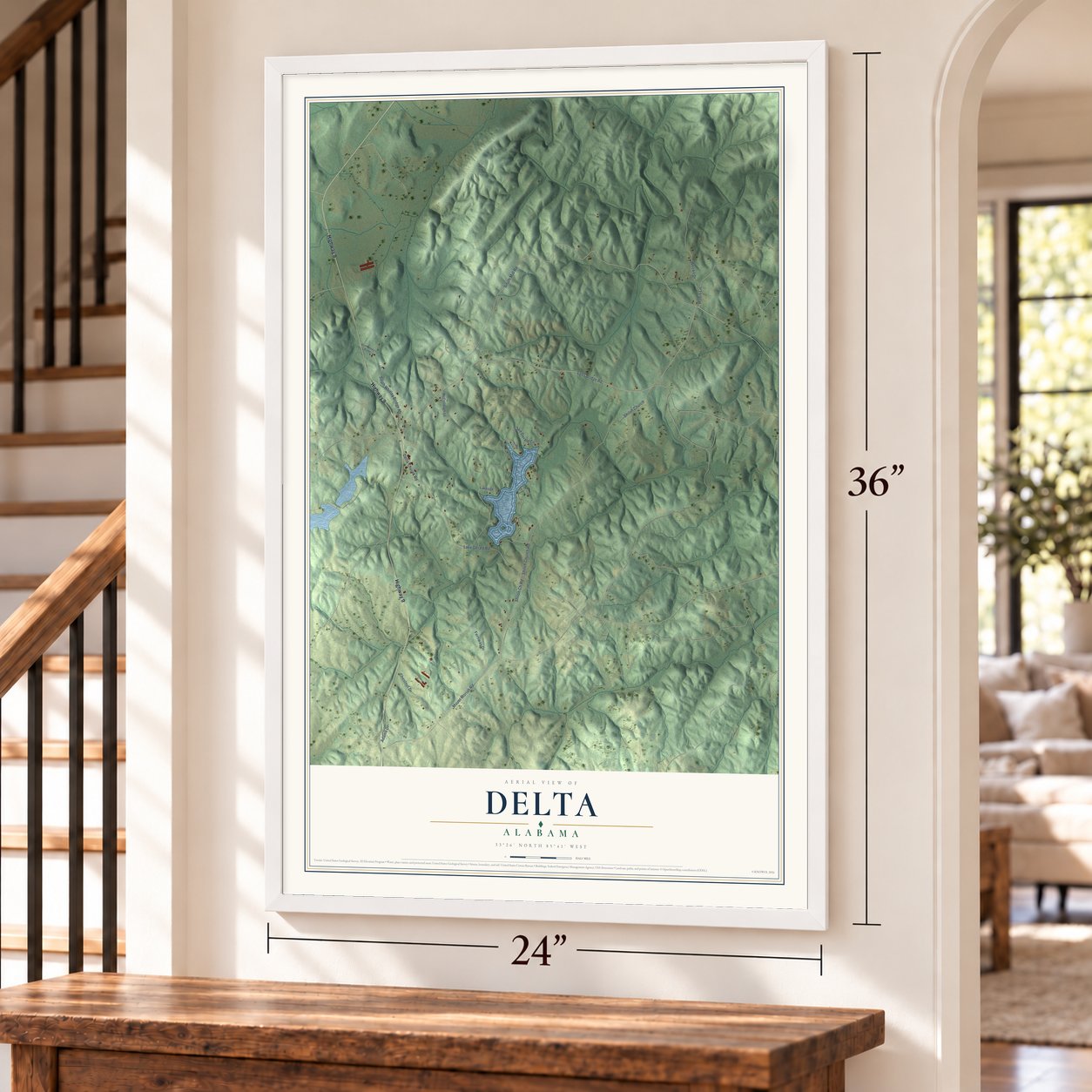 Delta, Alabama map, 24 x 36 inch print in a white frame by a staircase