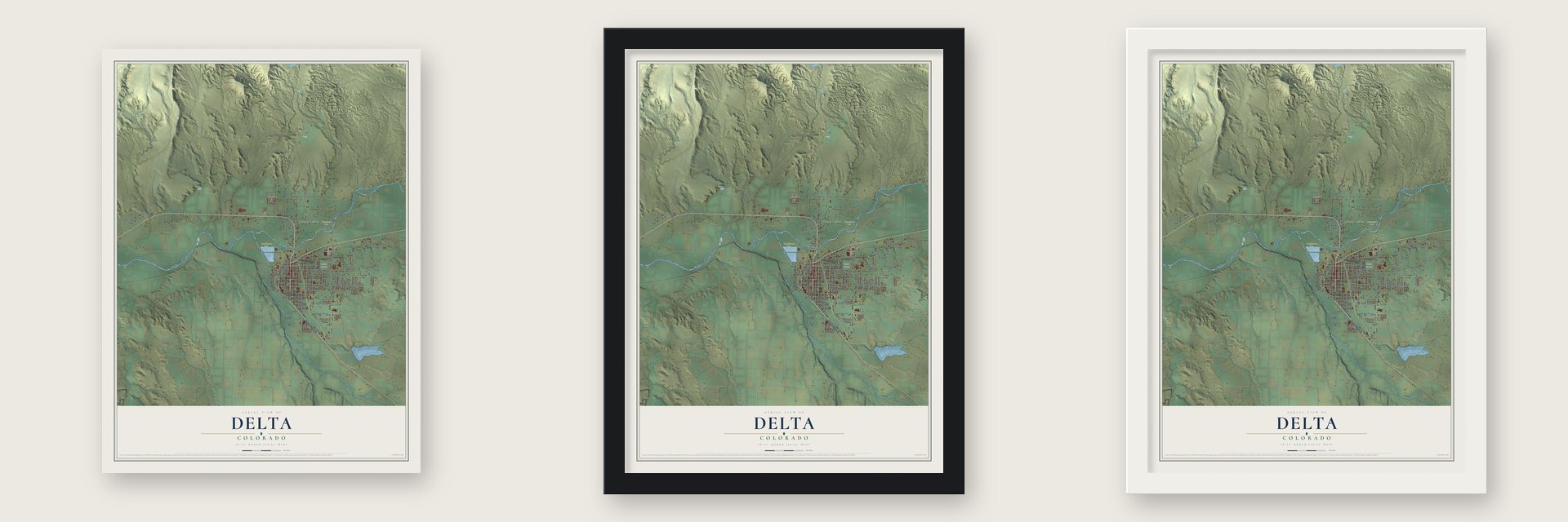 Delta, Colorado map unframed, in a black wood frame and in a white wood frame