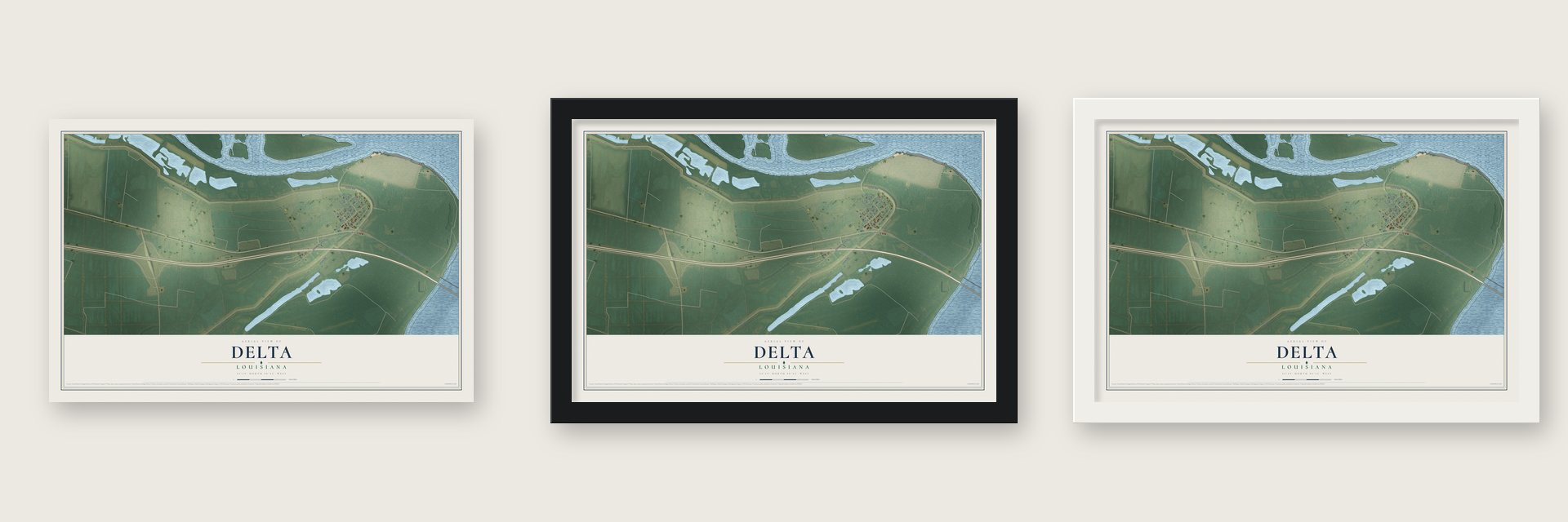 Delta, Louisiana map unframed, in a black wood frame and in a white wood frame