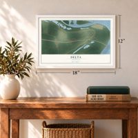 Delta, Louisiana map, 12 x 18 inch print in a white frame in an entryway