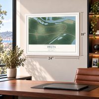 Delta, Louisiana map, 18 x 24 inch print in a white frame in a home office