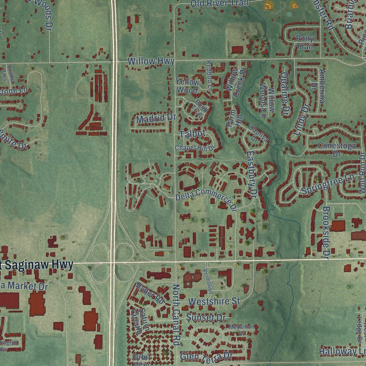 Second close-up of the map of Delta, Michigan print showing more streets and buildings