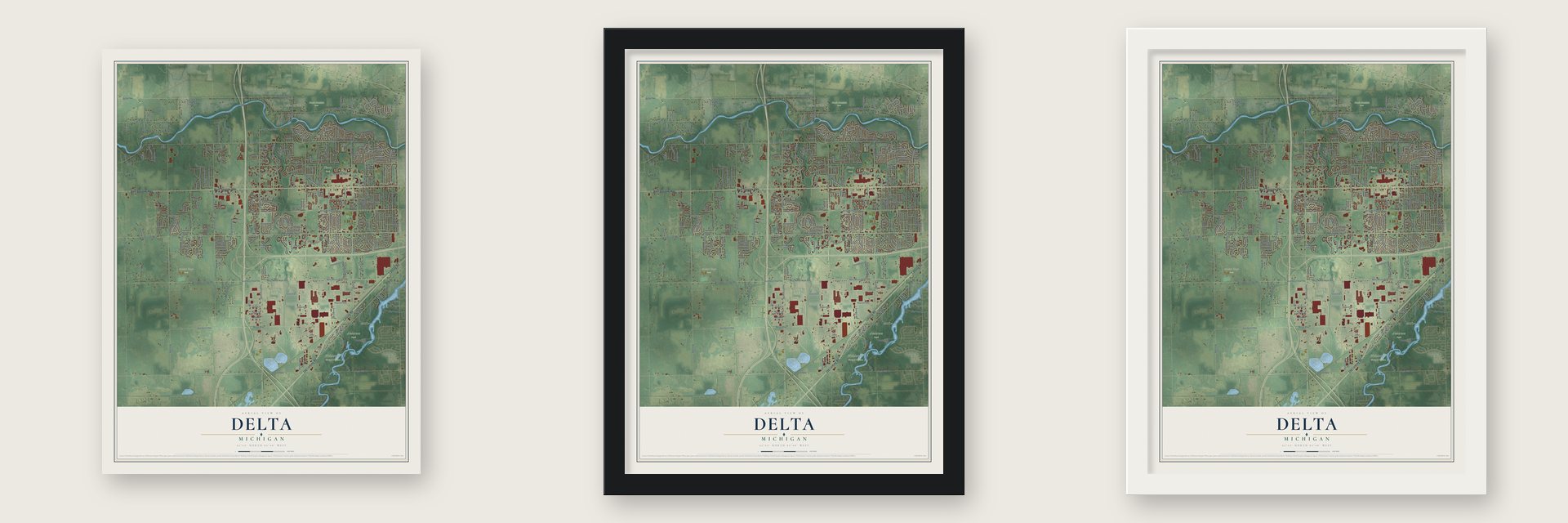 Delta, Michigan map unframed, in a black wood frame and in a white wood frame