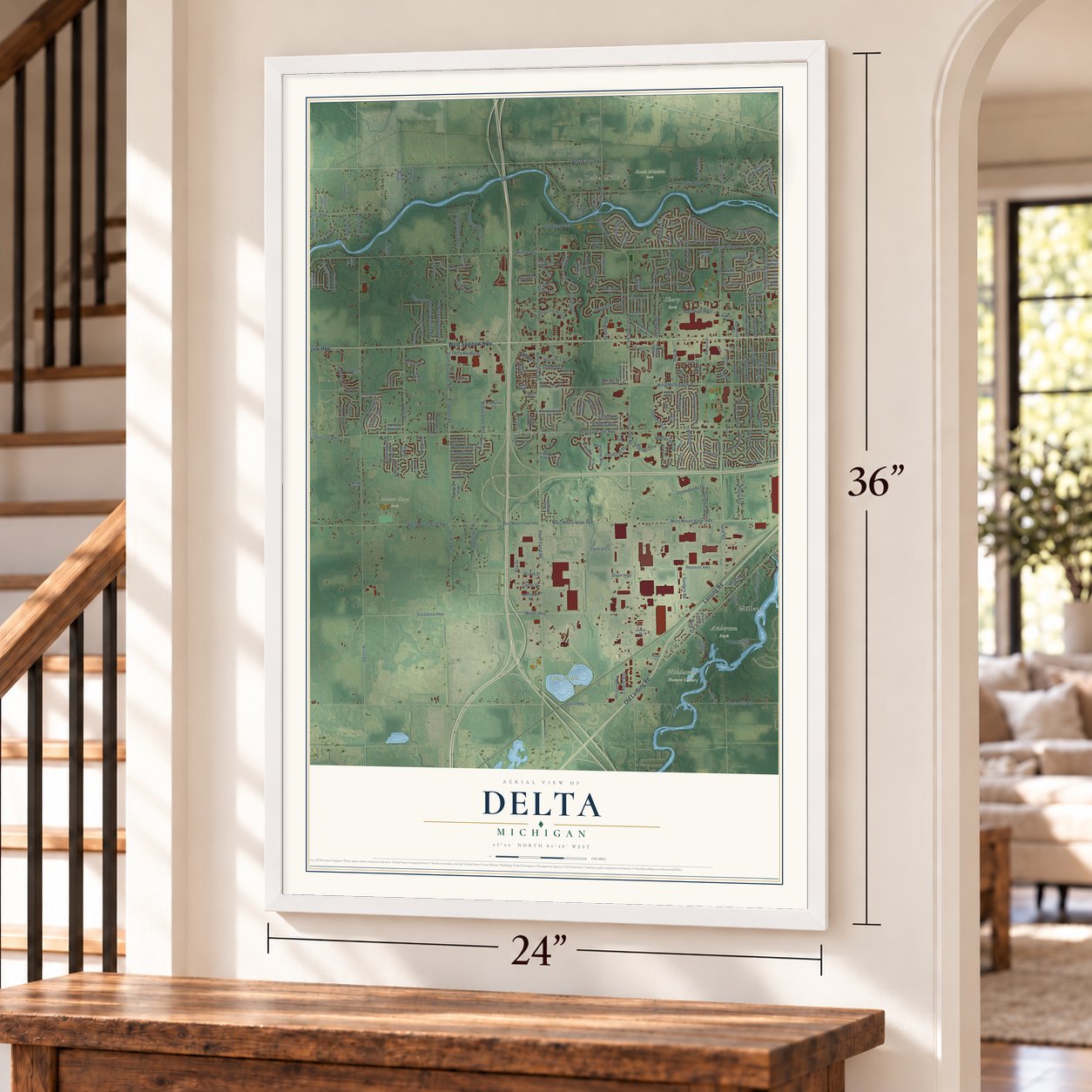 Delta, Michigan map, 24 x 36 inch print in a white frame by a staircase