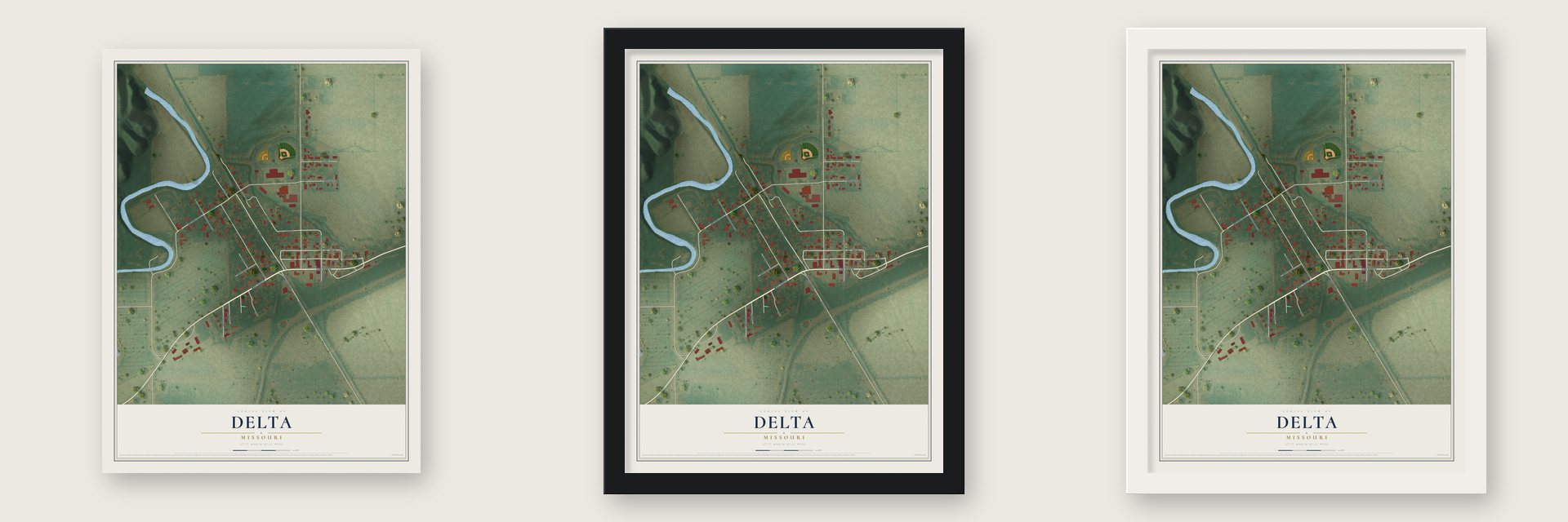 Delta, Missouri map unframed, in a black wood frame and in a white wood frame