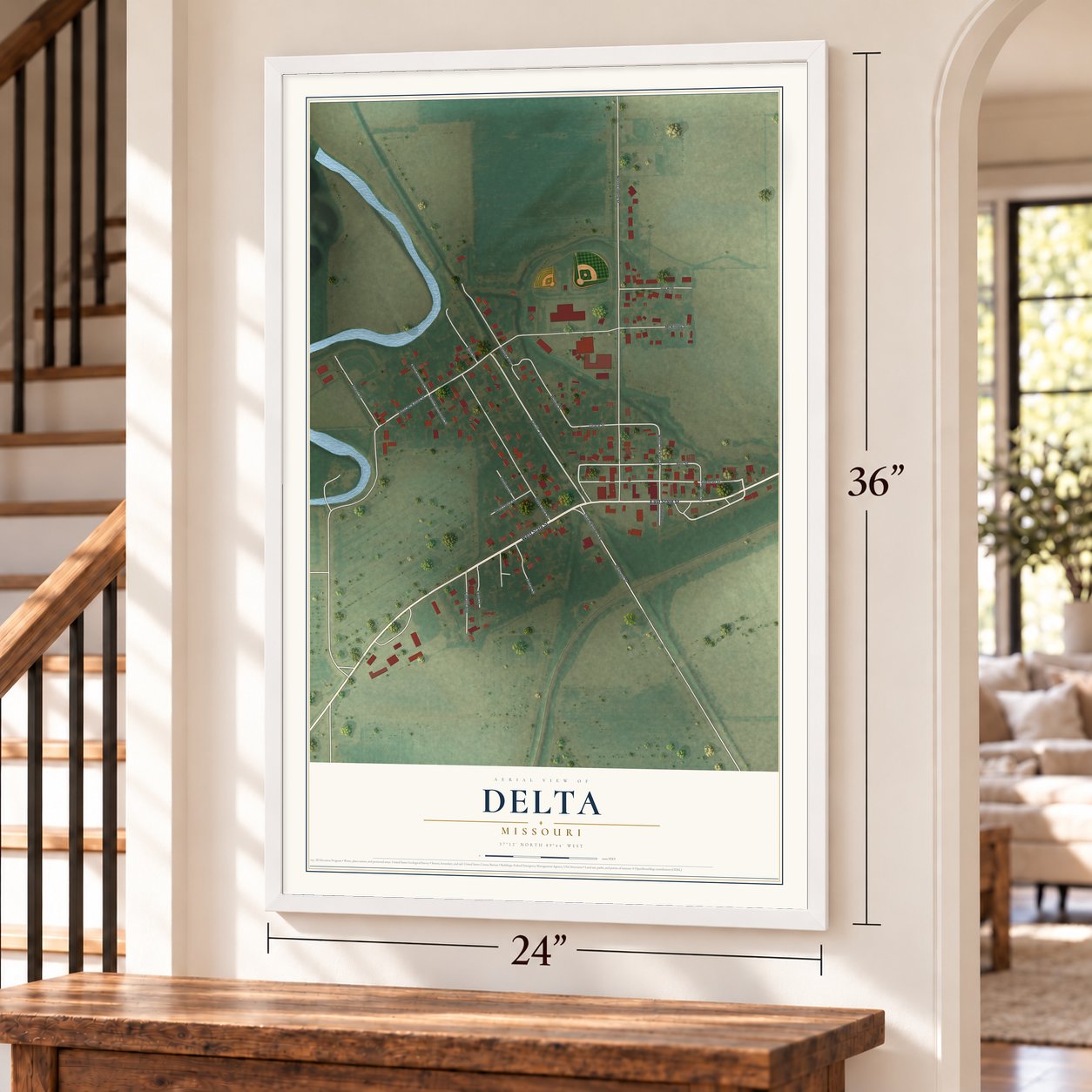 Delta, Missouri map, 24 x 36 inch print in a white frame by a staircase