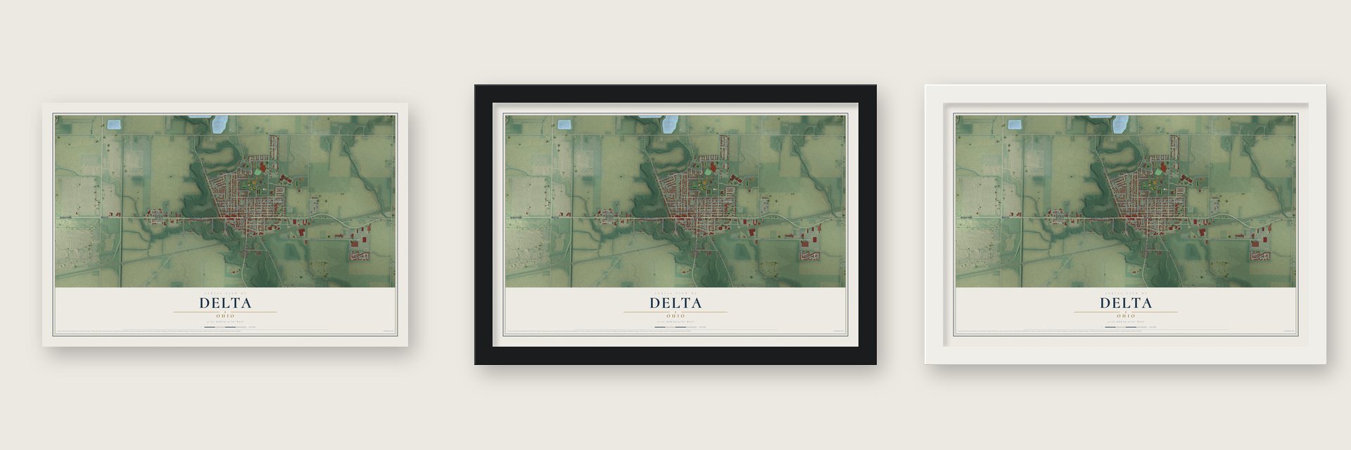 Delta, Ohio map unframed, in a black wood frame and in a white wood frame
