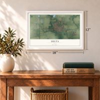 Delta, Ohio map, 12 x 18 inch print in a white frame in an entryway