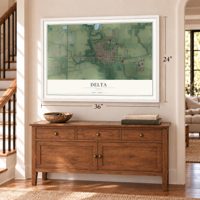 Delta, Ohio map, 24 x 36 inch print in a white frame above a dresser by a staircase