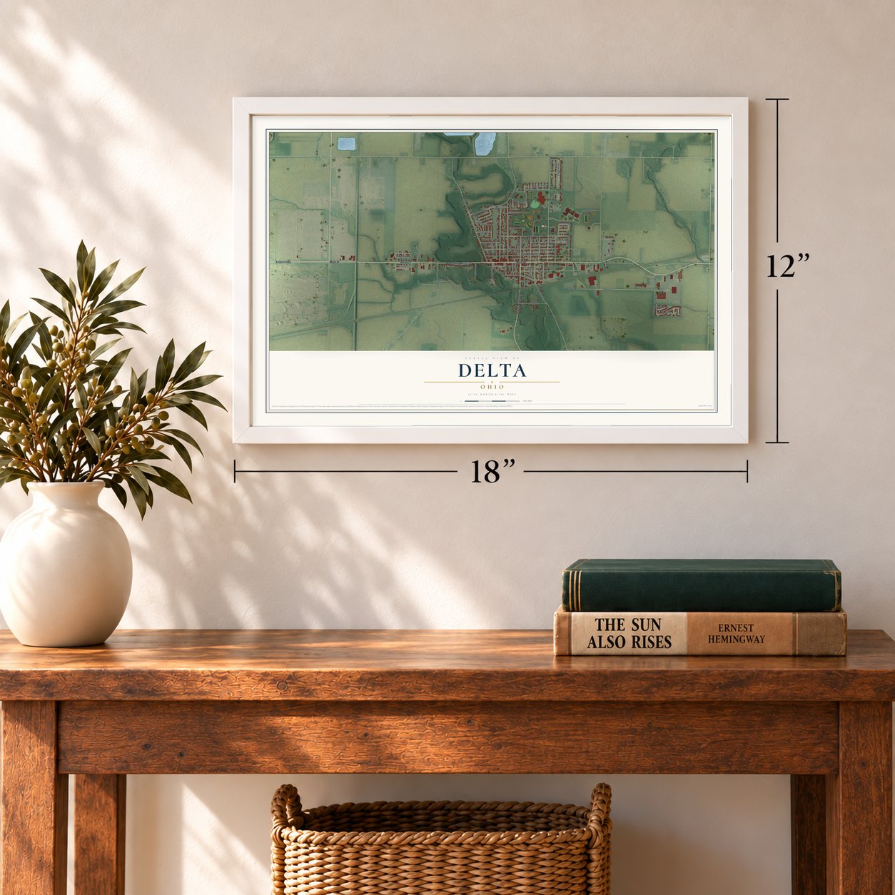 Delta, Ohio map, 12 x 18 inch print in a white frame in an entryway