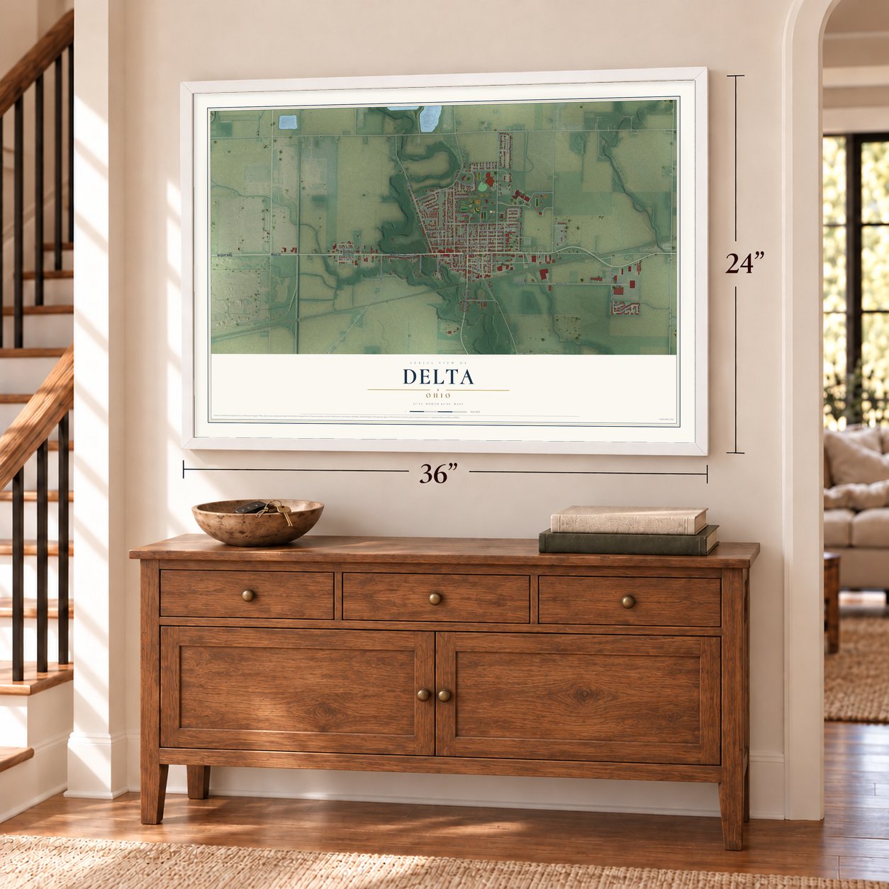 Delta, Ohio map, 24 x 36 inch print in a white frame above a dresser by a staircase