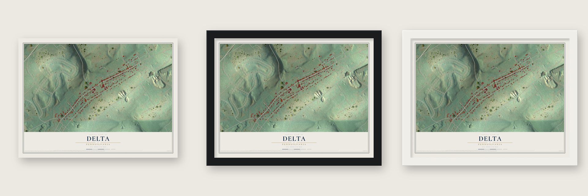 Delta, Pennsylvania map unframed, in a black wood frame and in a white wood frame
