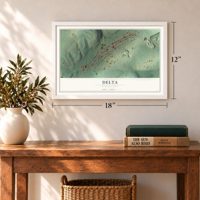 Delta, Pennsylvania map, 12 x 18 inch print in a white frame in an entryway