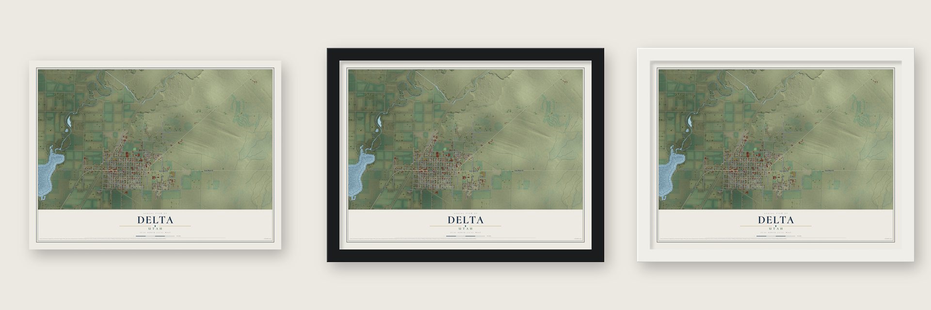 Delta, Utah map unframed, in a black wood frame and in a white wood frame