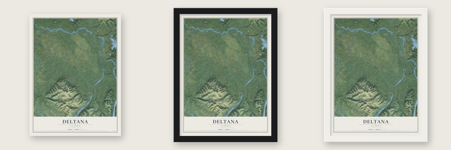 Deltana, Alaska map unframed, in a black wood frame and in a white wood frame