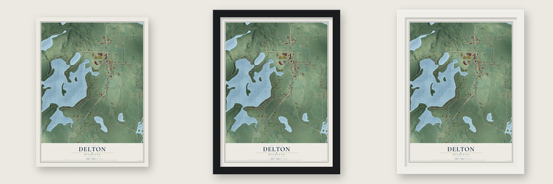 Delton, Michigan map unframed, in a black wood frame and in a white wood frame
