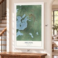 Delton, Michigan map, 24 x 36 inch print in a white frame by a staircase