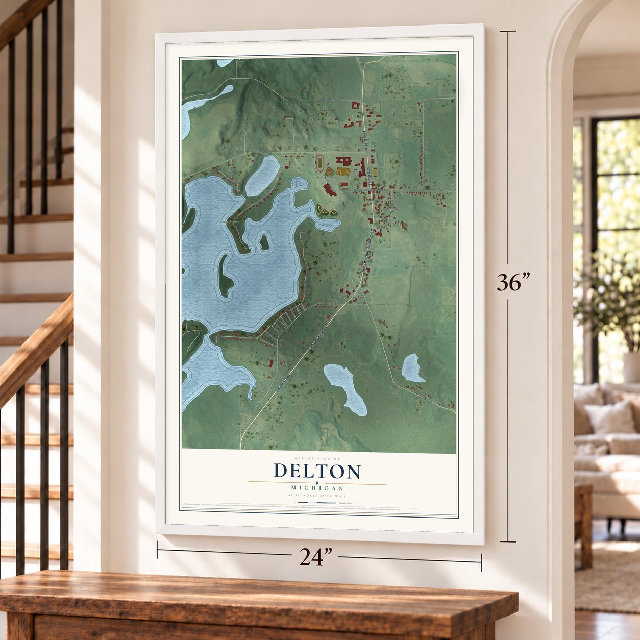 Delton, Michigan map, 24 x 36 inch print in a white frame by a staircase