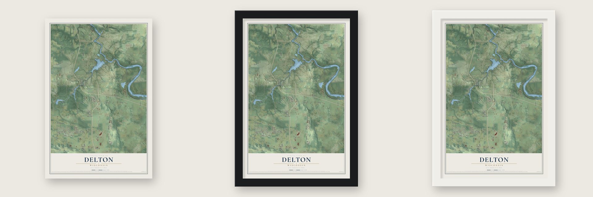 Delton, Wisconsin map unframed, in a black wood frame and in a white wood frame
