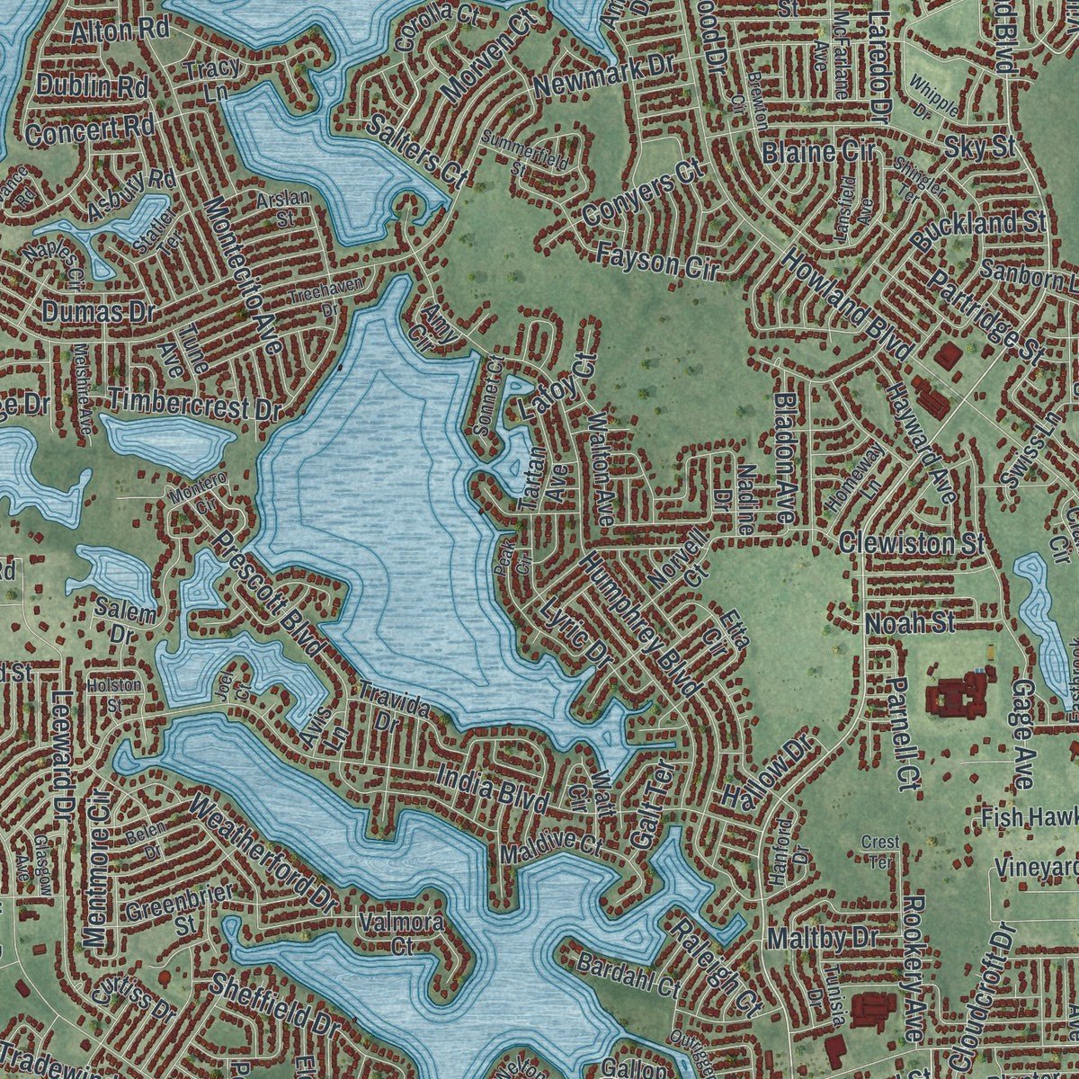Second close-up of the map of Deltona, Florida print showing more streets and buildings