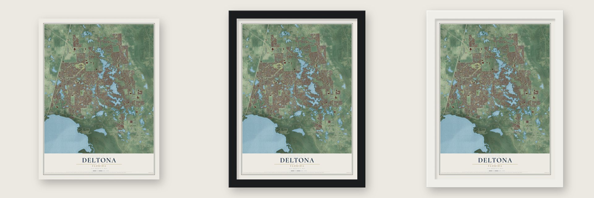 Deltona, Florida map unframed, in a black wood frame and in a white wood frame
