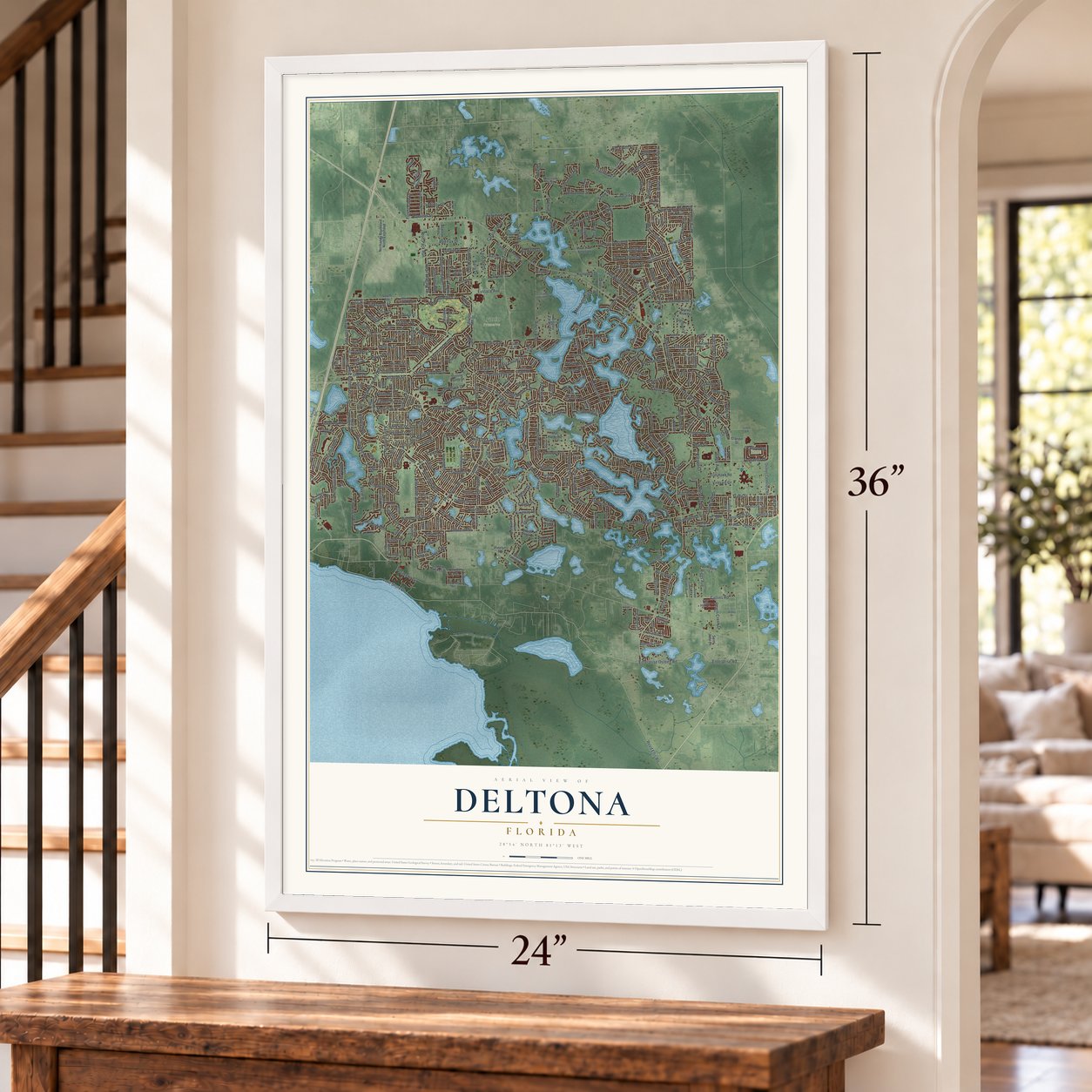 Deltona, Florida map, 24 x 36 inch print in a white frame by a staircase
