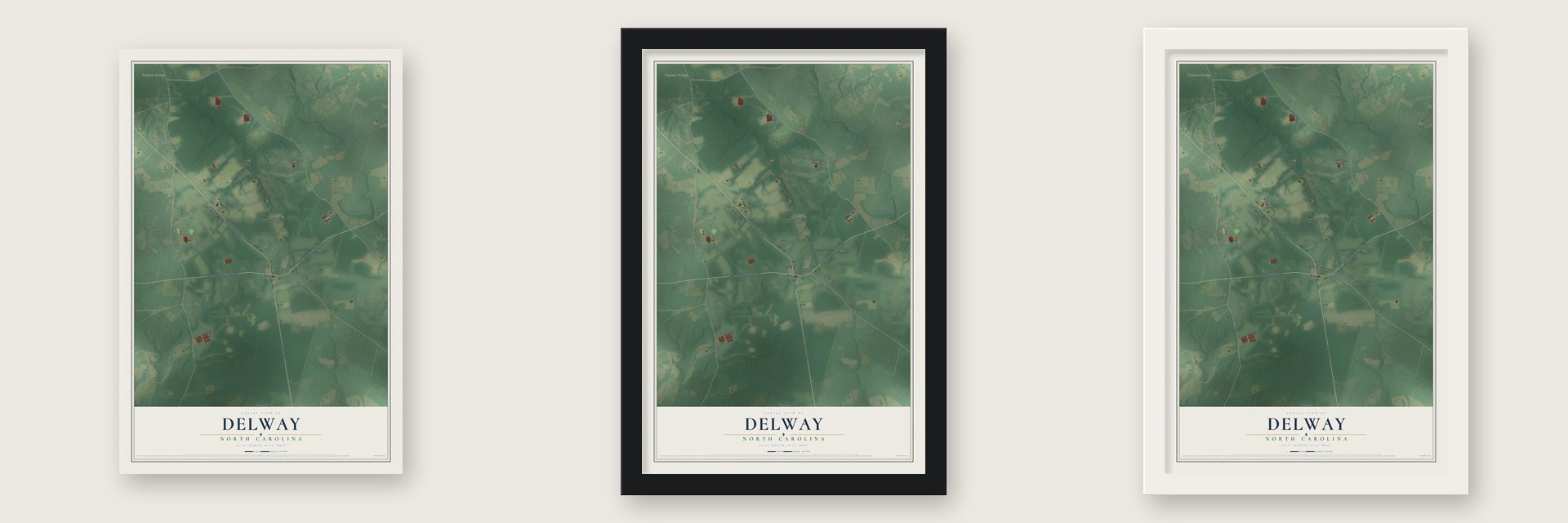 Delway, North Carolina map unframed, in a black wood frame and in a white wood frame