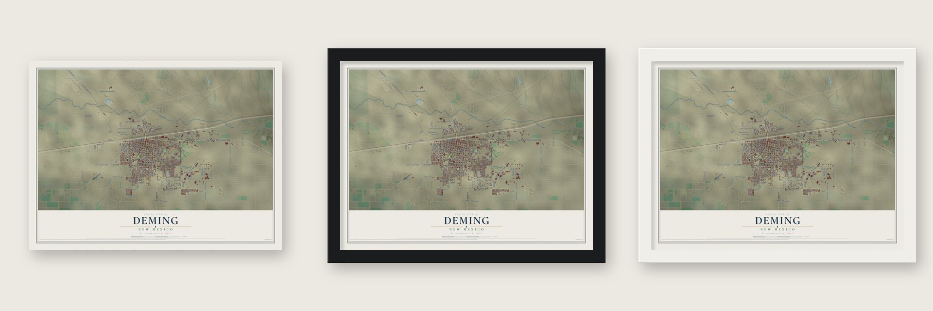 Deming, New Mexico map unframed, in a black wood frame and in a white wood frame
