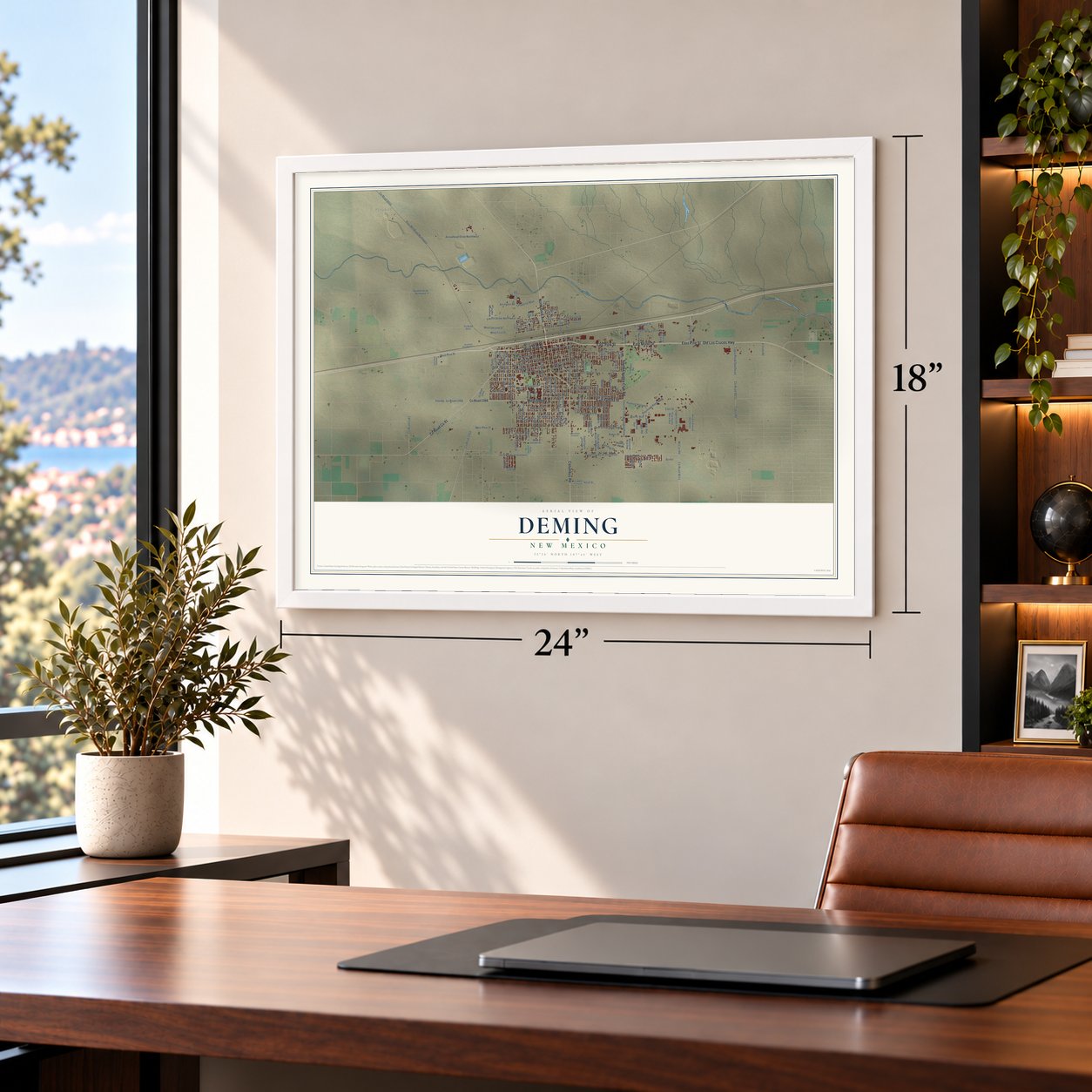 Deming, New Mexico map, 18 x 24 inch print in a white frame in a home office