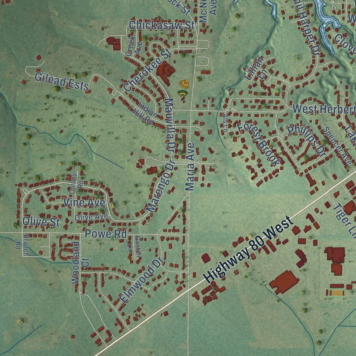 Second close-up of the map of Demopolis, Alabama print showing more streets and buildings