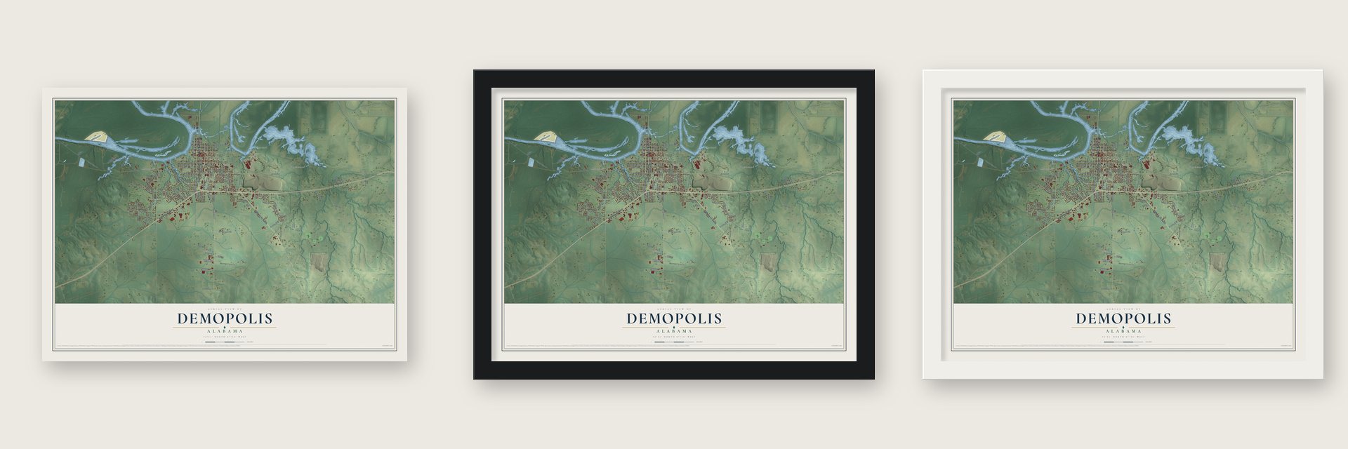Demopolis, Alabama map unframed, in a black wood frame and in a white wood frame