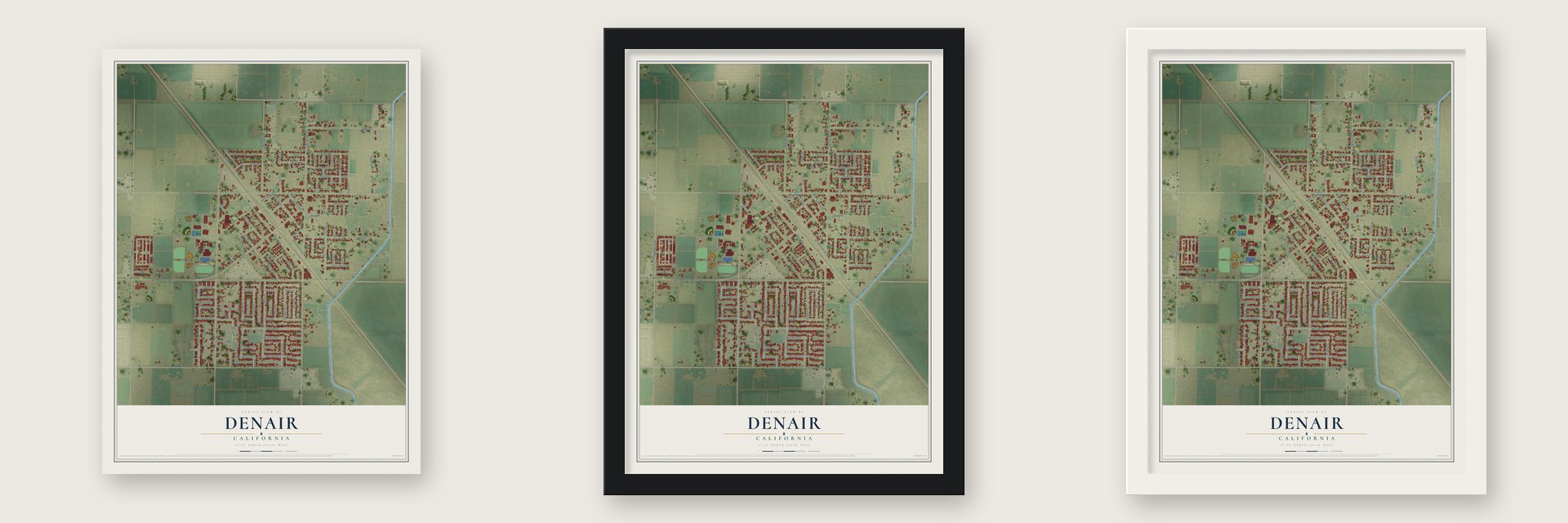 Denair, California map unframed, in a black wood frame and in a white wood frame