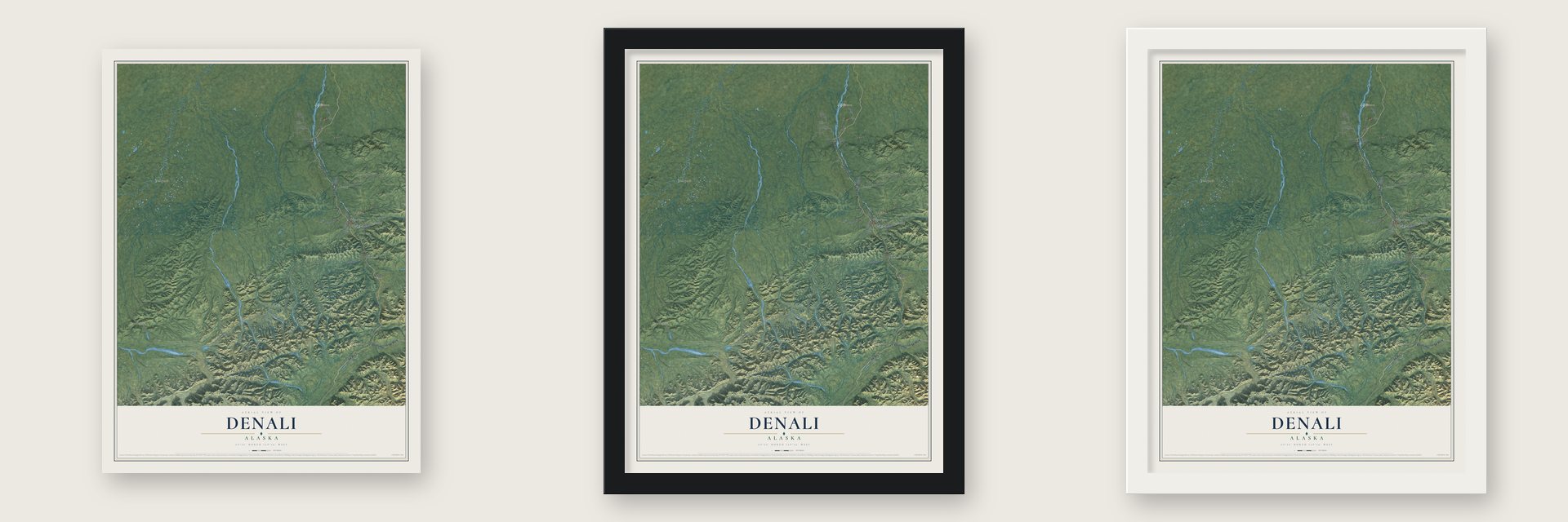 Denali, Alaska map unframed, in a black wood frame and in a white wood frame