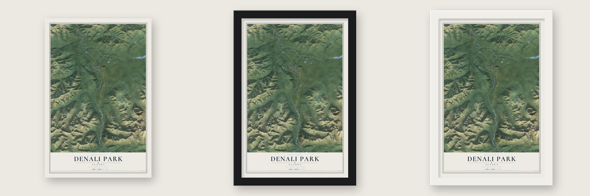 Denali Park, Alaska map unframed, in a black wood frame and in a white wood frame
