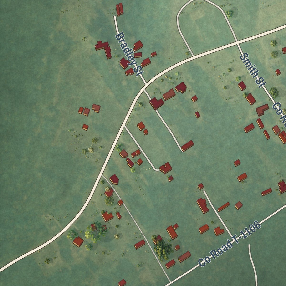 Second close-up of the map of Dendron, Virginia print showing more streets and buildings