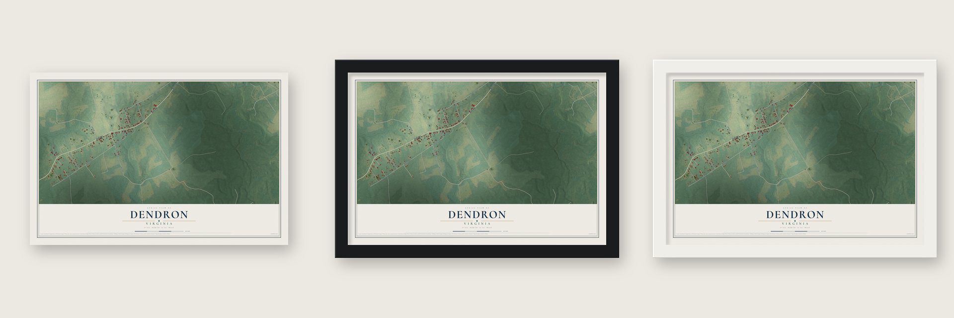 Dendron, Virginia map unframed, in a black wood frame and in a white wood frame