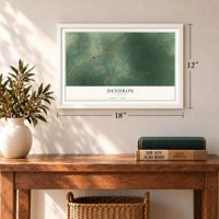 Dendron, Virginia map, 12 x 18 inch print in a white frame in an entryway
