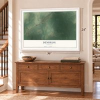 Dendron, Virginia map, 24 x 36 inch print in a white frame above a dresser by a staircase