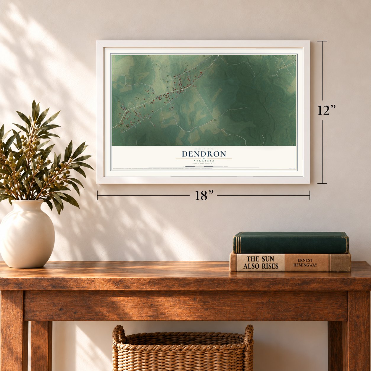 Dendron, Virginia map, 12 x 18 inch print in a white frame in an entryway