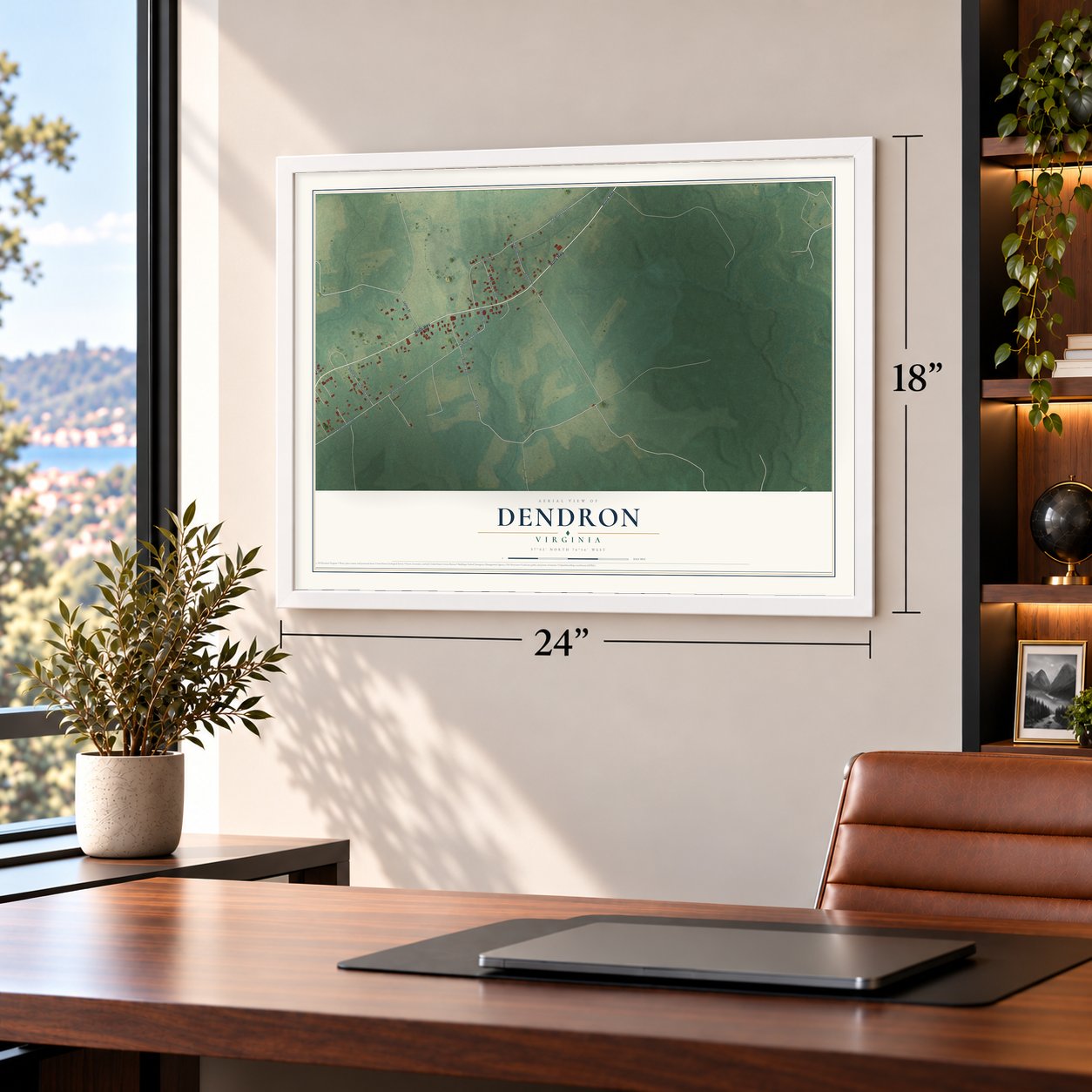 Dendron, Virginia map, 18 x 24 inch print in a white frame in a home office