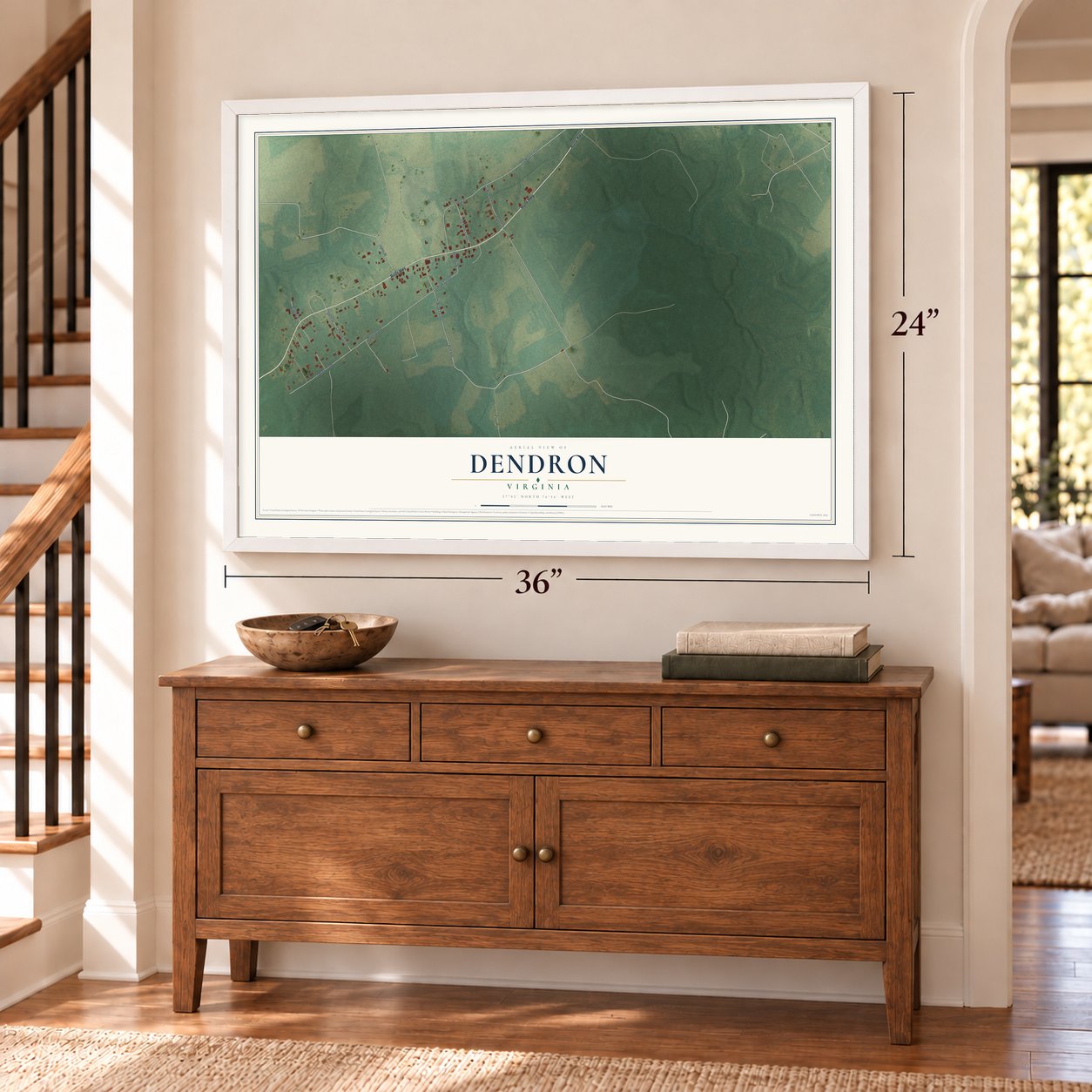 Dendron, Virginia map, 24 x 36 inch print in a white frame above a dresser by a staircase