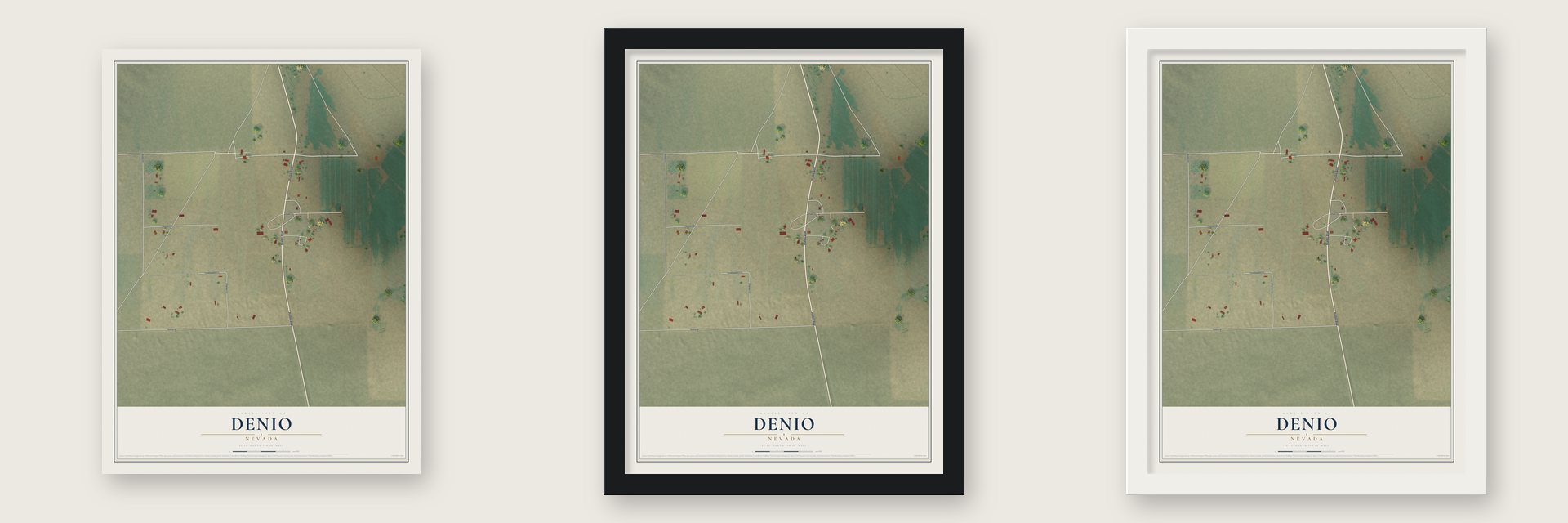 Denio, Nevada map unframed, in a black wood frame and in a white wood frame