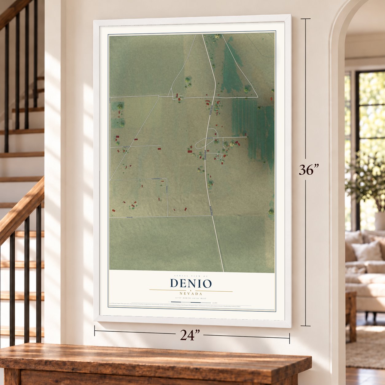 Denio, Nevada map, 24 x 36 inch print in a white frame by a staircase