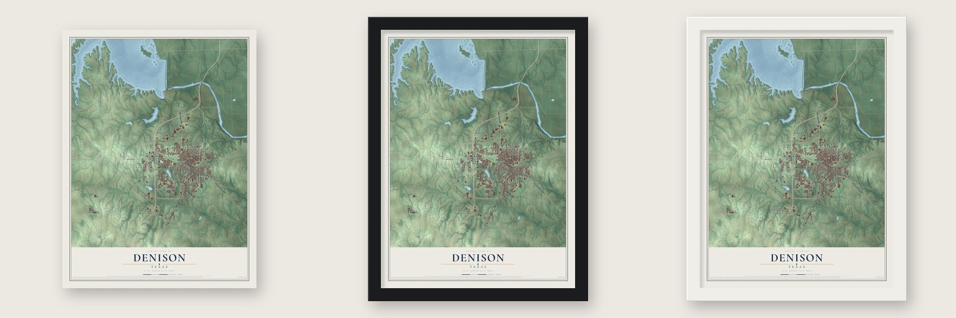 Denison, Texas map unframed, in a black wood frame and in a white wood frame