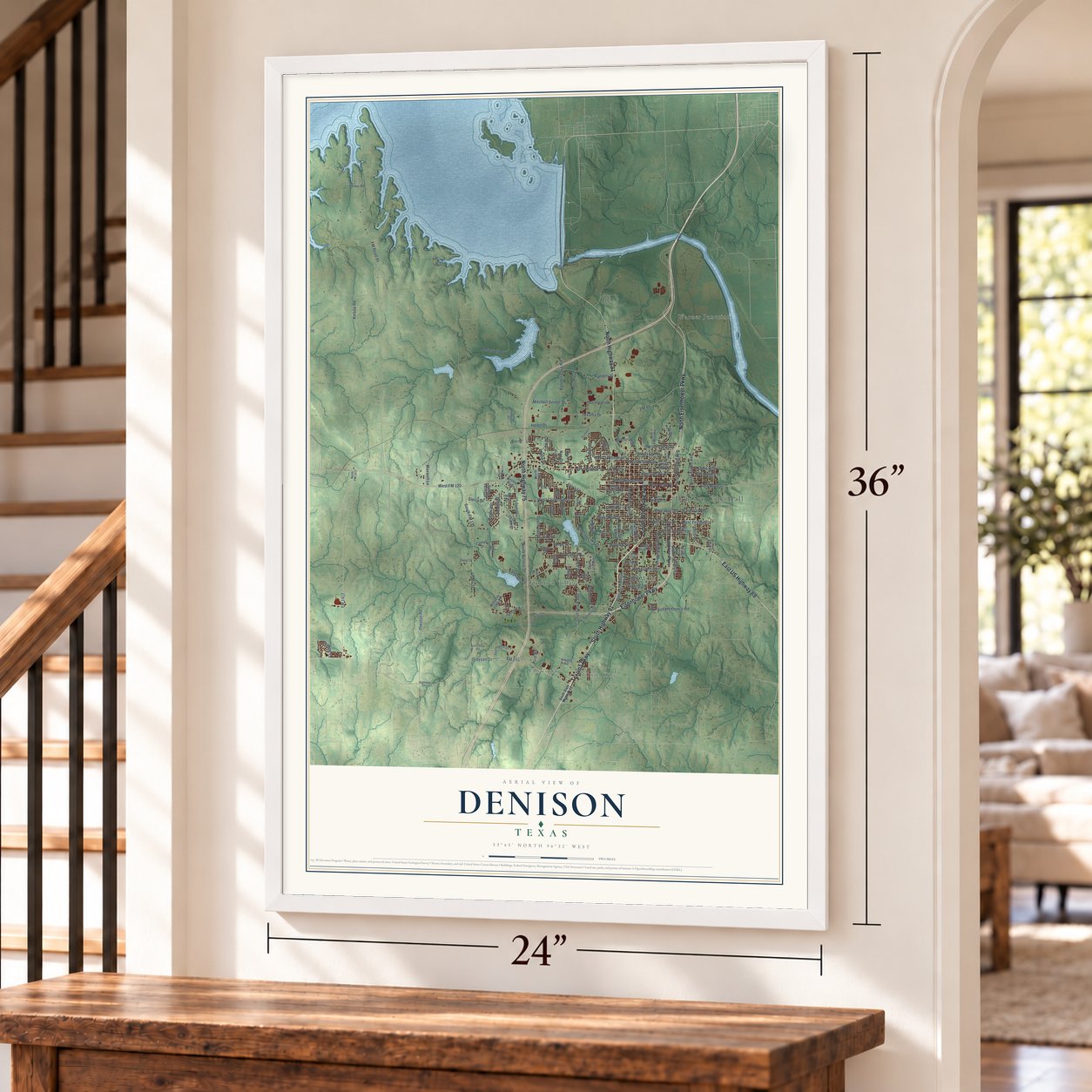 Denison, Texas map, 24 x 36 inch print in a white frame by a staircase