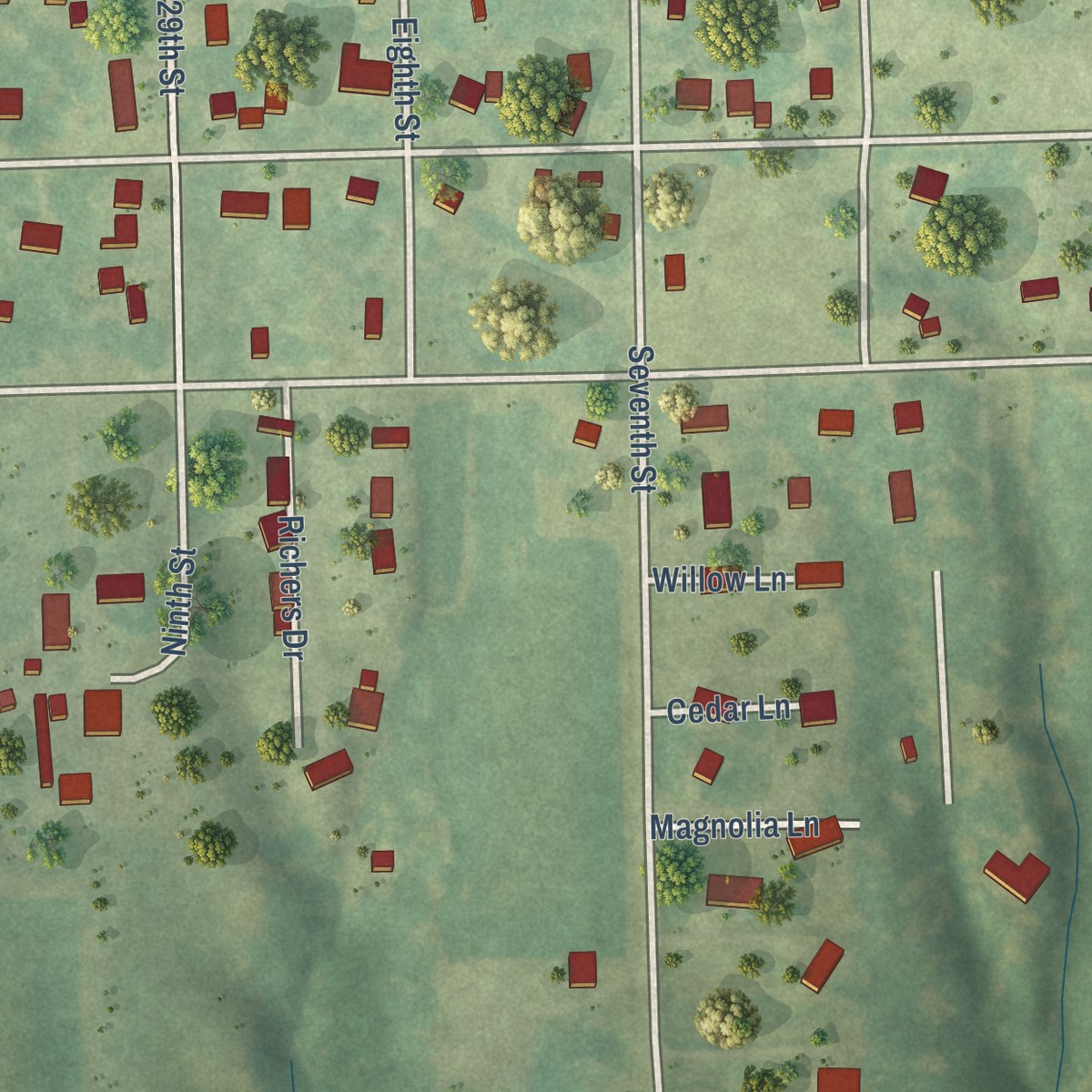 Second close-up of the map of Denmark, Iowa print showing more streets and buildings