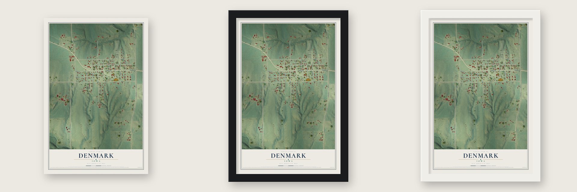 Denmark, Iowa map unframed, in a black wood frame and in a white wood frame