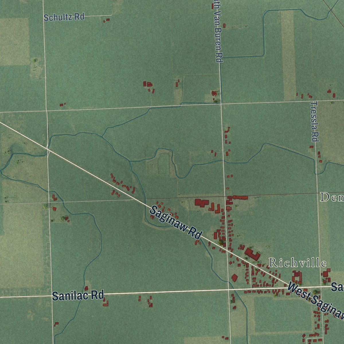 Second close-up of the map of Denmark, Michigan print showing more streets and buildings