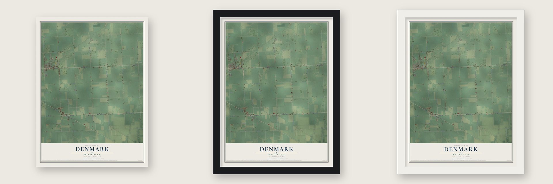 Denmark, Michigan map unframed, in a black wood frame and in a white wood frame